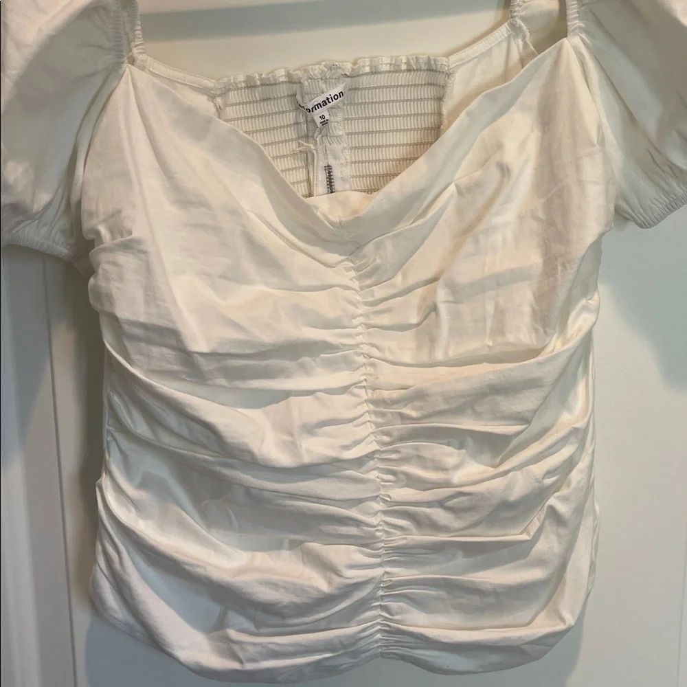 Reformation White Ruched Puff Sleeve Blouse
